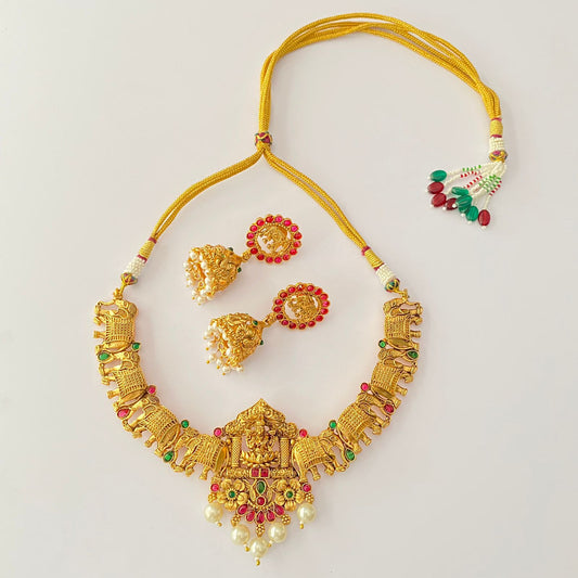 Ruby & Emerald Elephant Design Laxmi Temple Necklace Set