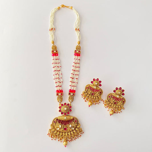 Ruby Moti Beads Gold Plated Temple Necklace Set