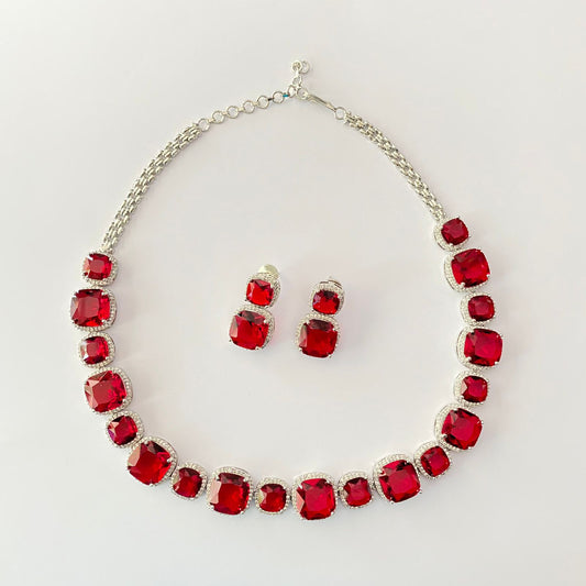 Silver Plated Ruby Diamond Necklace Set