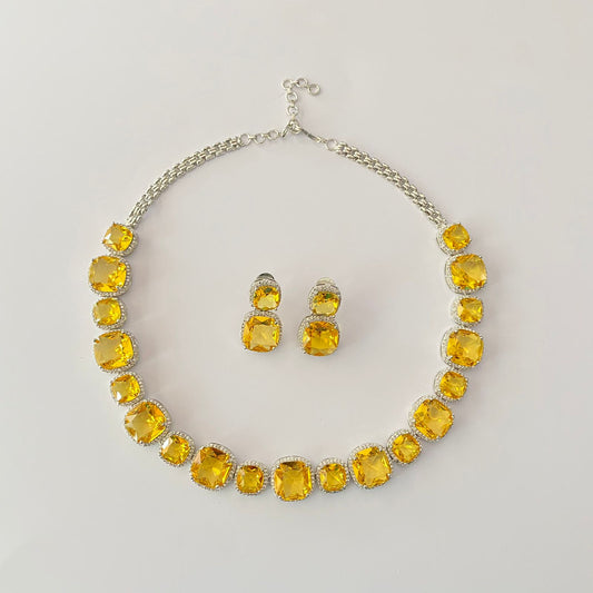 Silver Plated Diamond Yellow Necklace Set