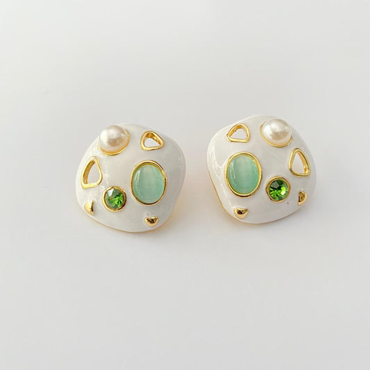 Emerald with pearl enamel  Western Earring