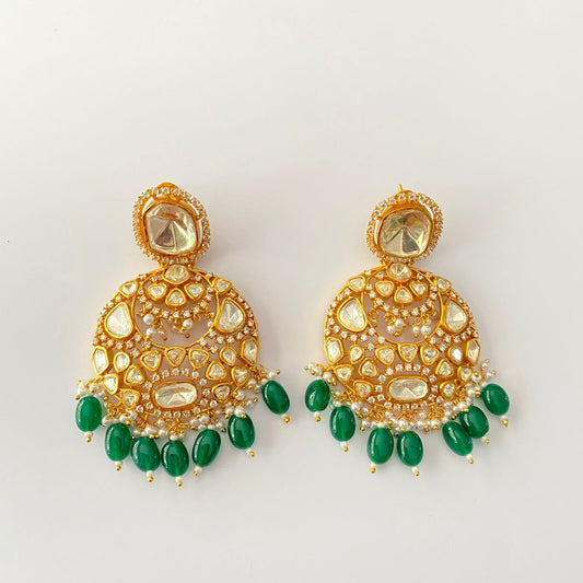 Gold Plated Drop Emerald Pearl With Back Clip Polki Chand Bali