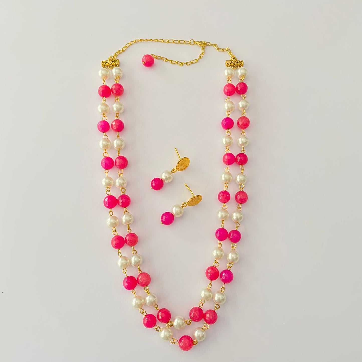 Ruby $ Pearl Double Line Necklace Set