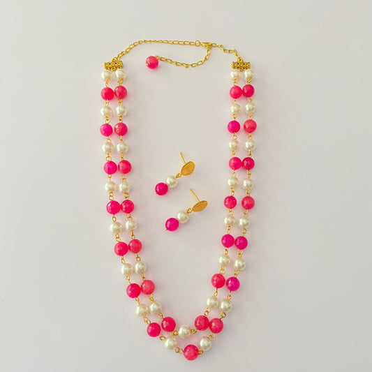 Ruby $ Pearl Double Line Necklace Set