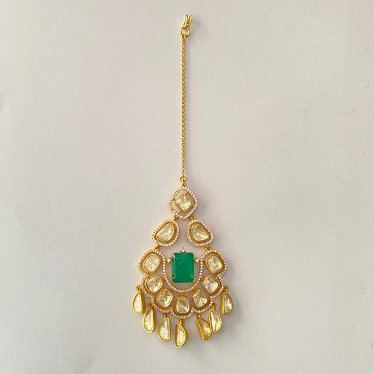 Designer green stone polki moissanite  maangtikka