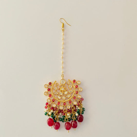 Ethnic kundan stone red drop big maangtikka