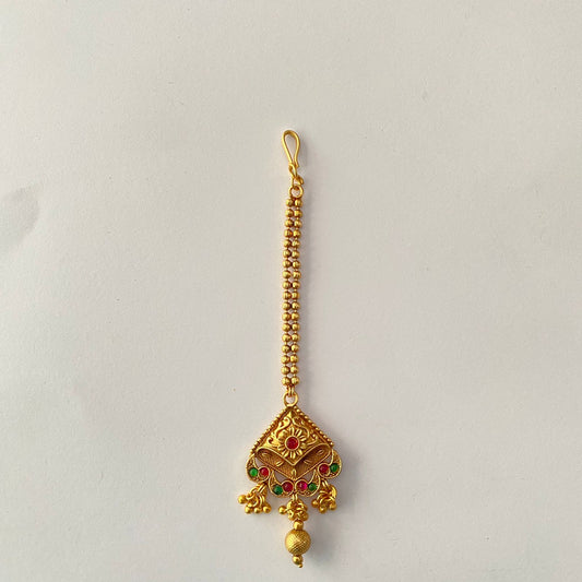 Traditional Red& green stone antique gold plated temple look small maangtikka