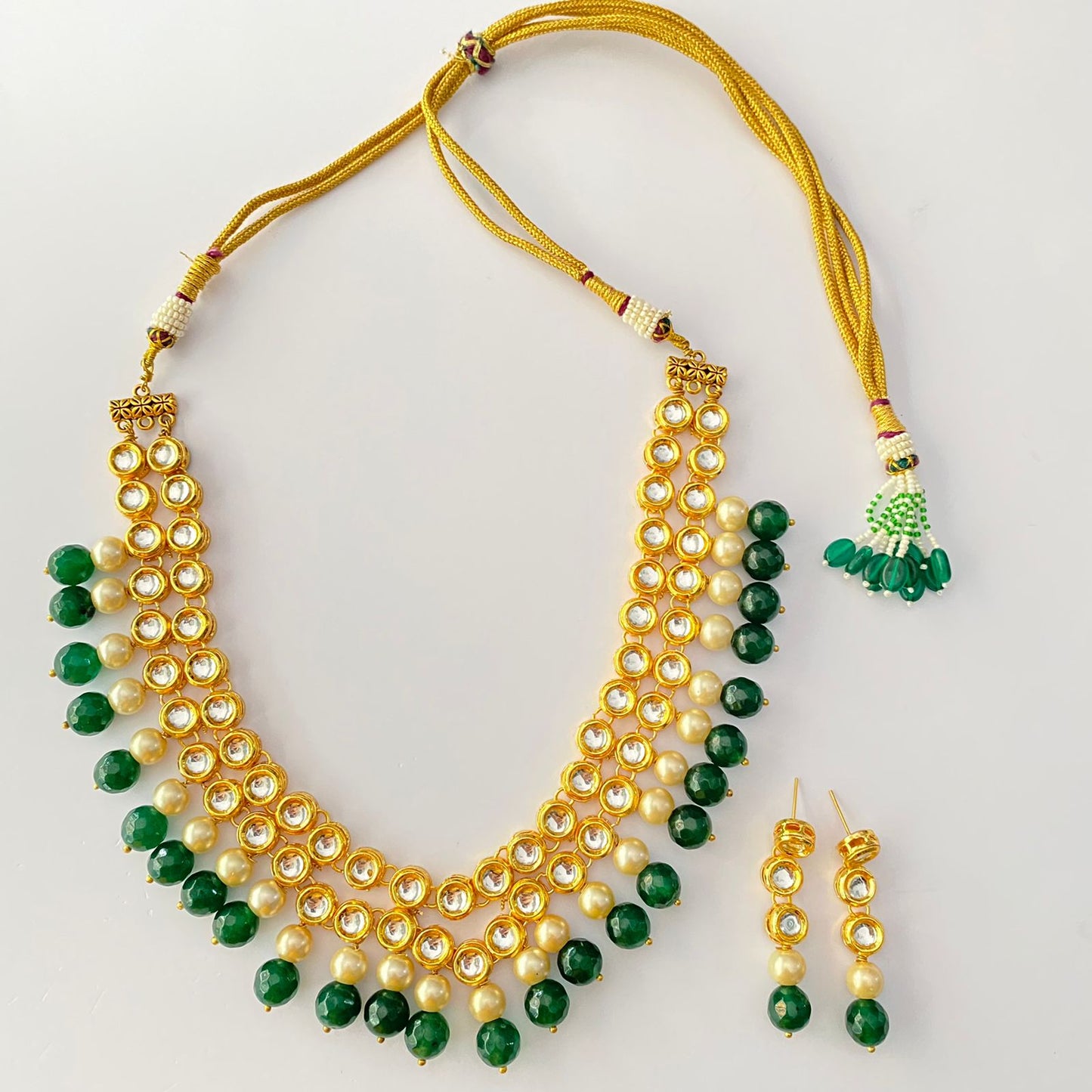 GREEN STONE KUNDAN 2LINE WITH PEARL NECKLACE