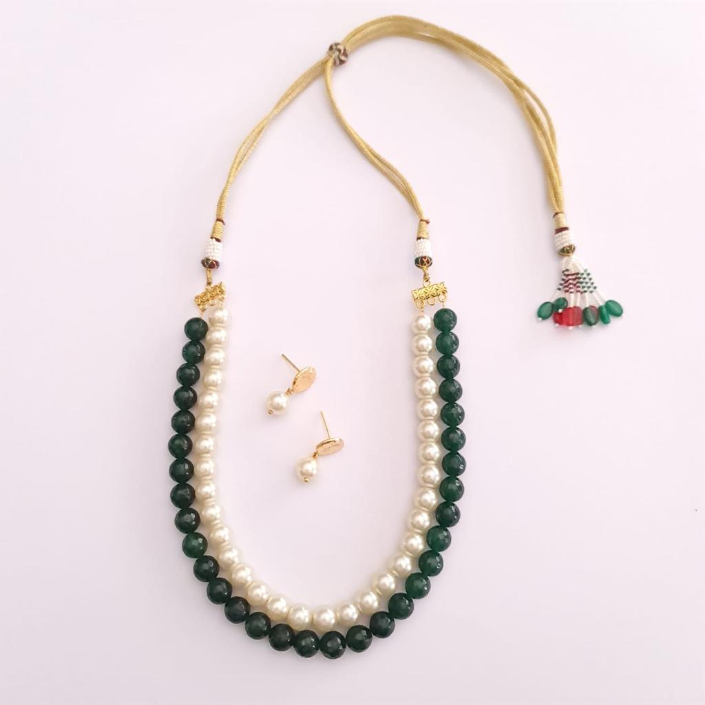 Double Line Pearl & Emerald Necklace Set