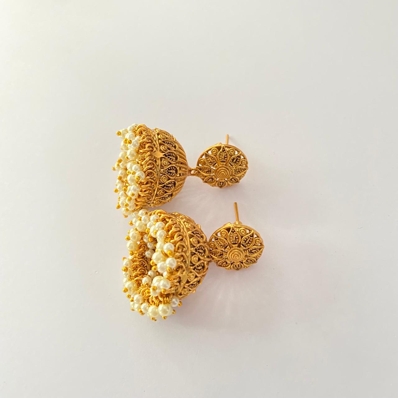 Gold Plated Floral Temple Jhumka Earring