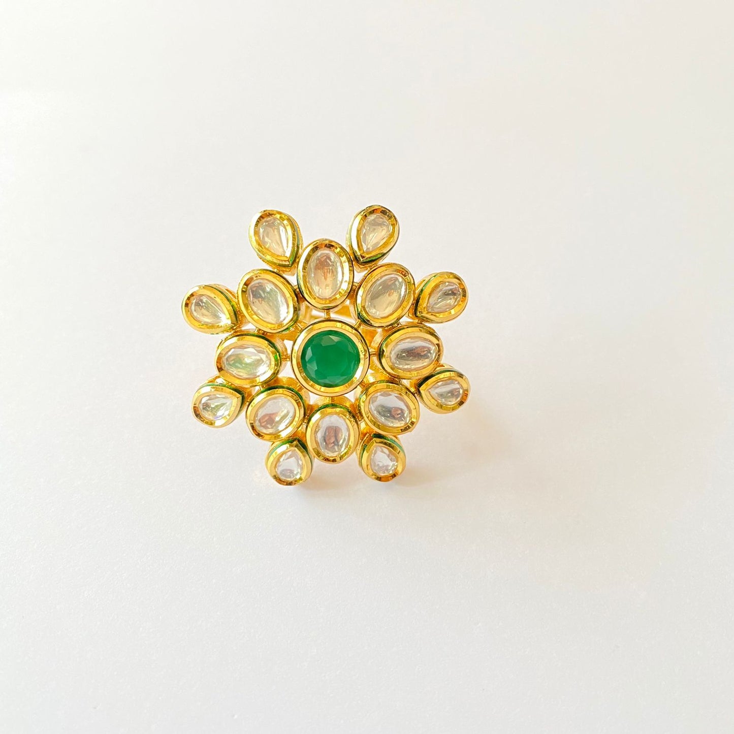 Green Stone Adjustable Gold Plated kundan Ring