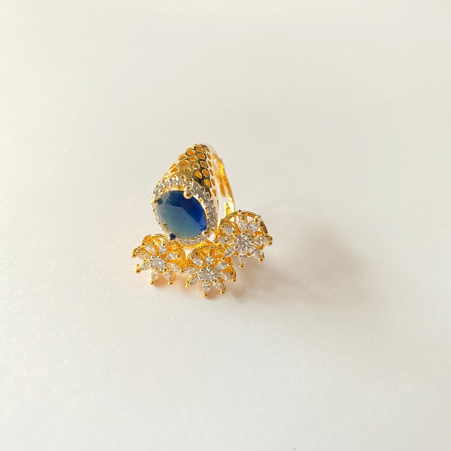Dark Blue Stone Gold Plated A.d Adjustable Ring