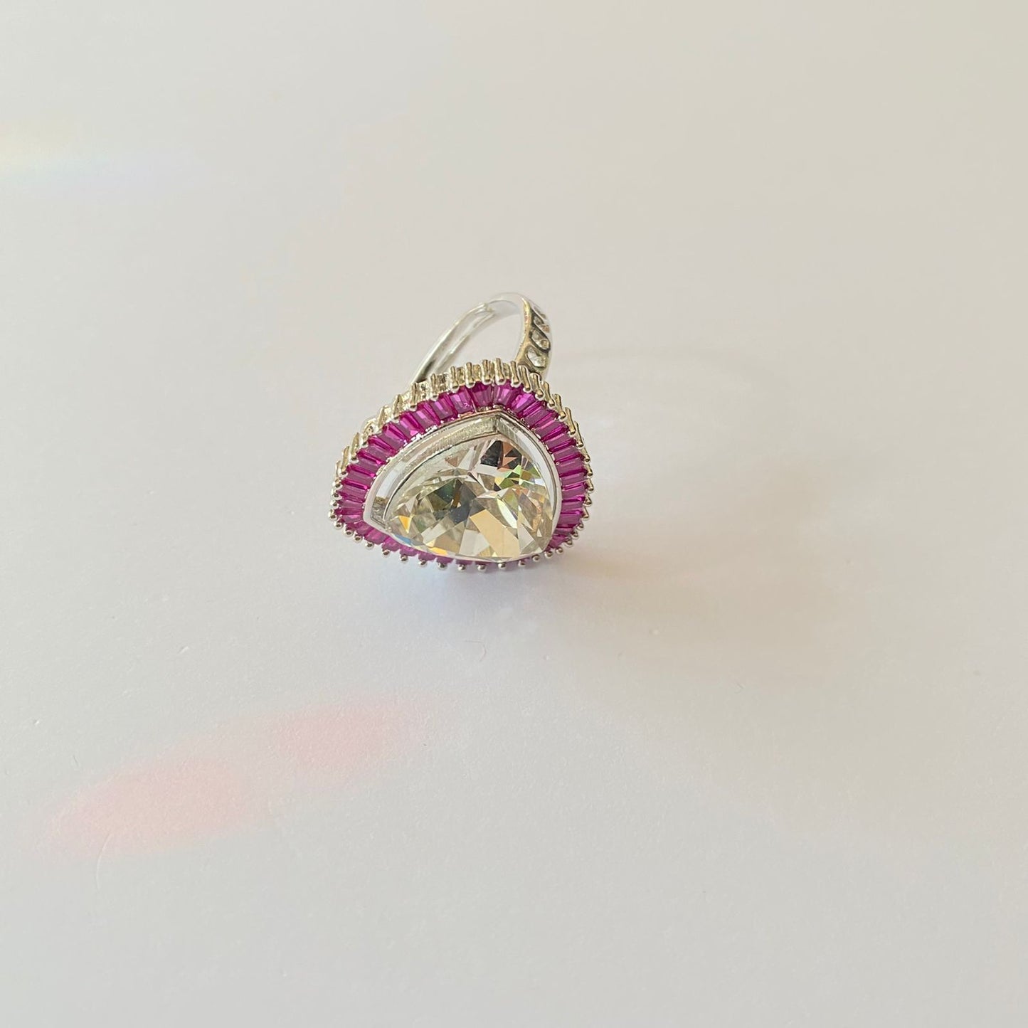 Trendy Pink Stone Polki Silver Plated Adjustable Ring
