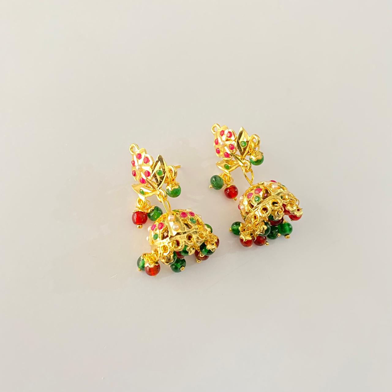 Emerald Ruby Jadau Floral Gold Plated Round Adjustable Ring