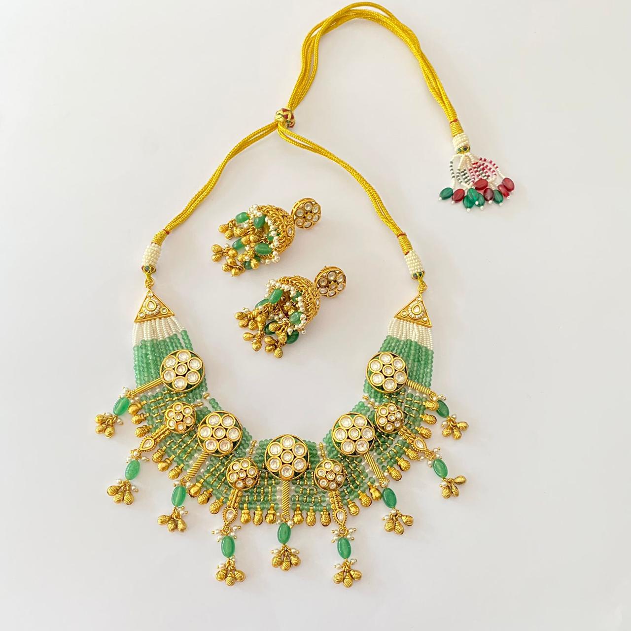 Green Beads Polki Necklace Set