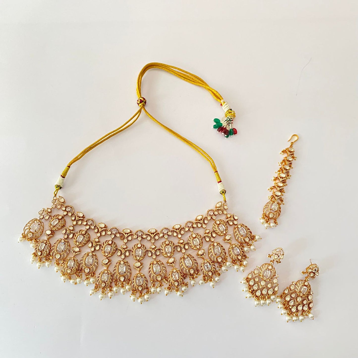 Rose Gold Plated Polki Drop Pearl Necklace Set