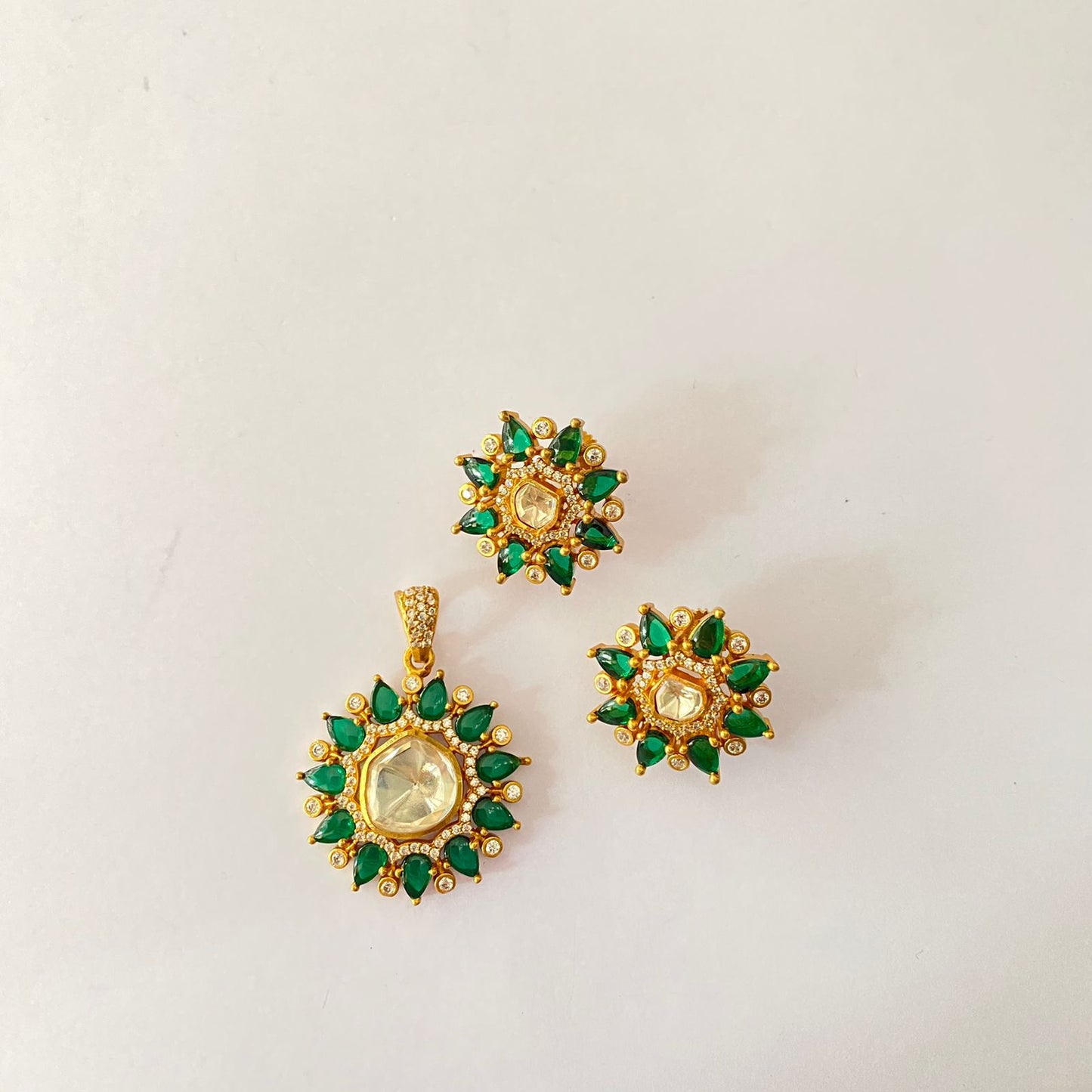 Polki Green Gold Plated Pendant Set