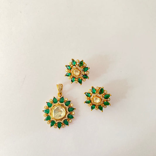 Polki Green Gold Plated Pendant Set