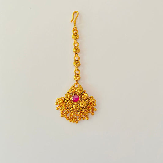 Ethnic Pink Stone Antique Gold Plated  Temple mangtika