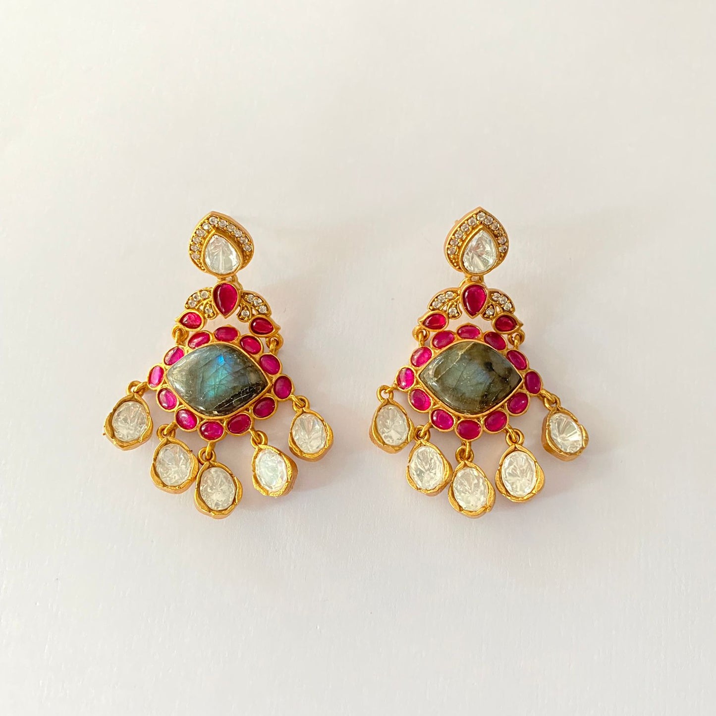 Ethnic pink stone gold plated dangler Earring