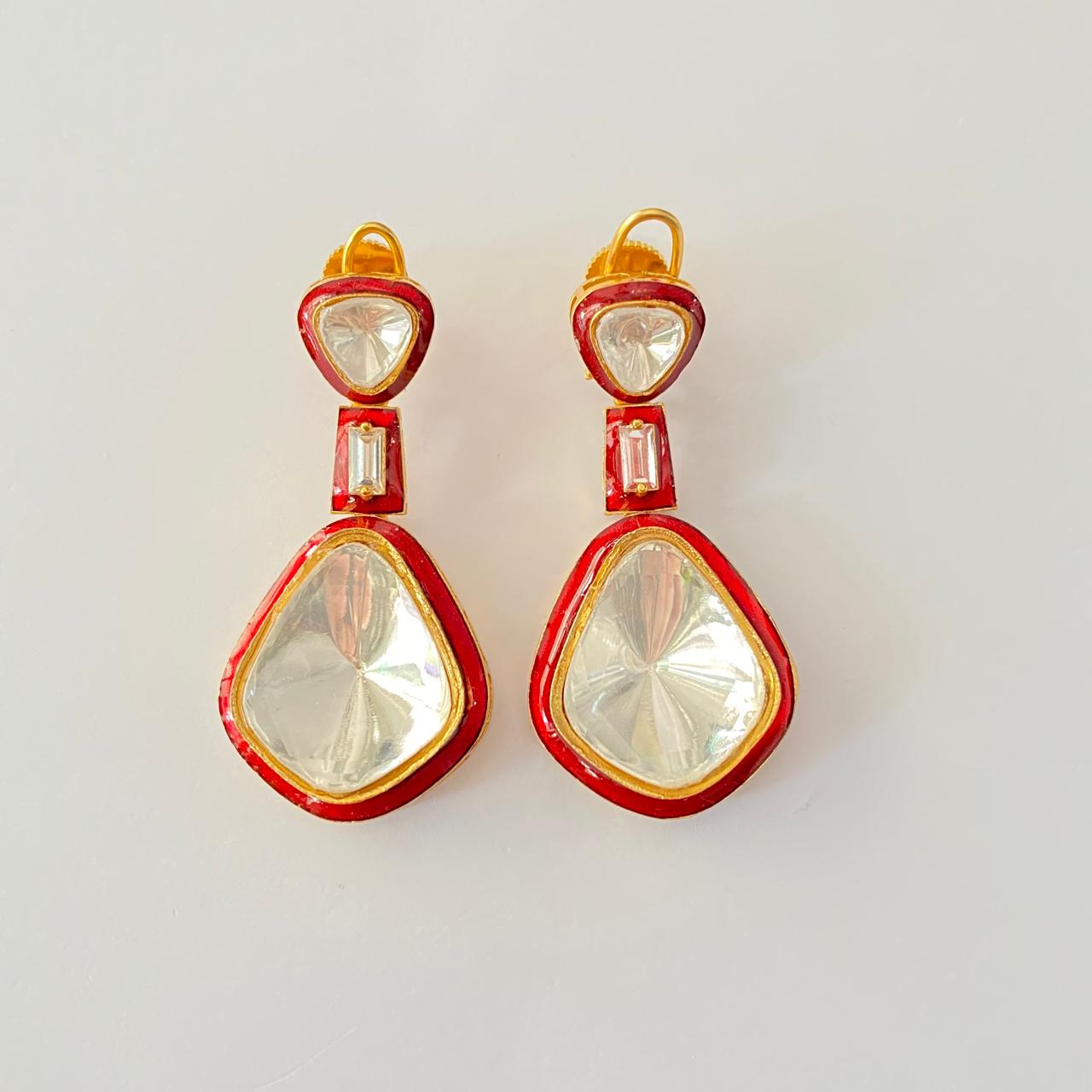 Red meenakari polki back clip dangler Earring