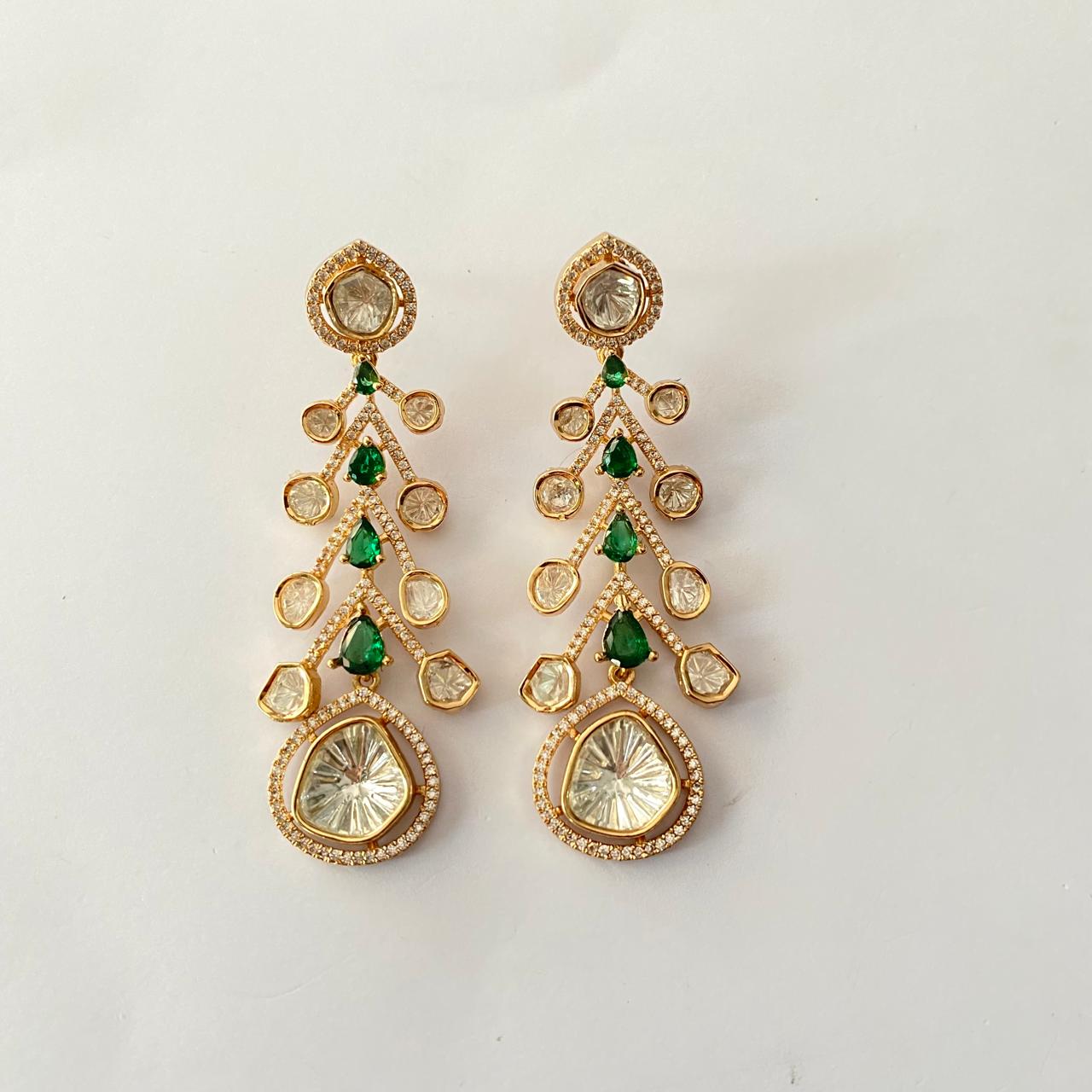 Green Stone Polki Long dangler Earring