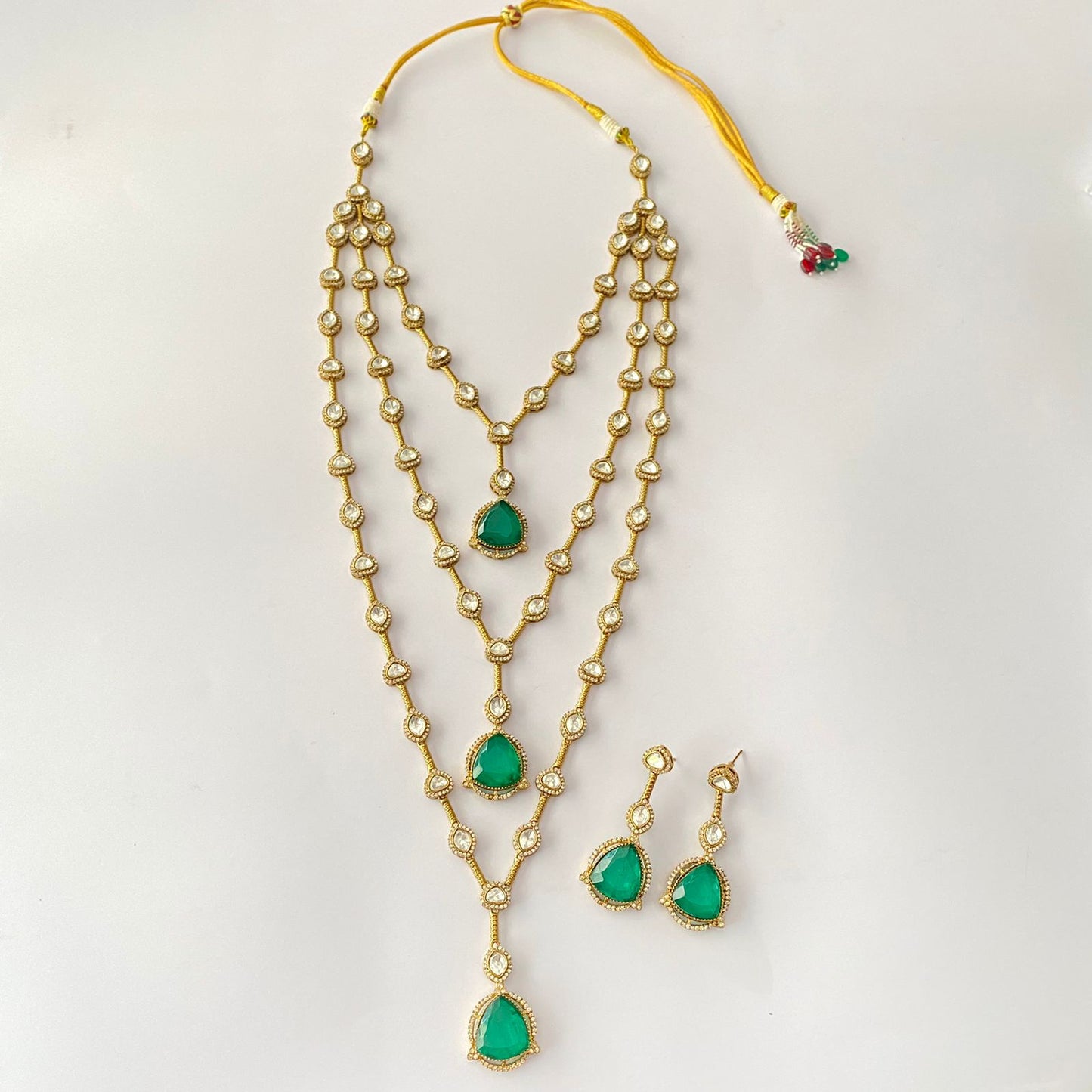 Three Line Green Antique Gold Polki Necklace Set