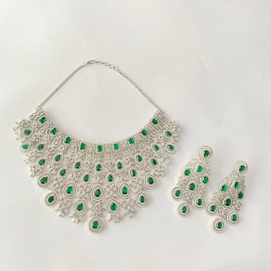 Silver Plated Green Diamond Necklace Set