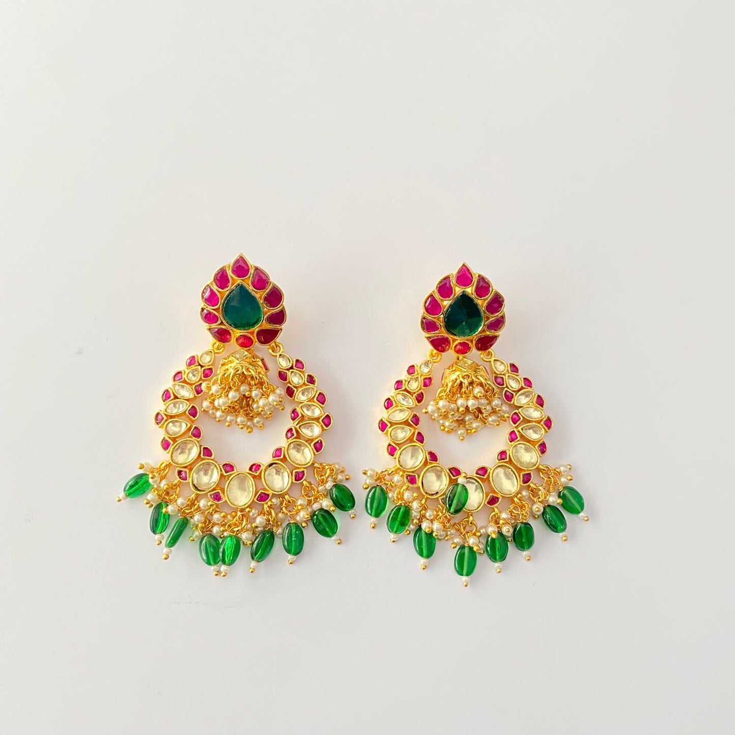 Green Drop Gold Plated Kundan Earring