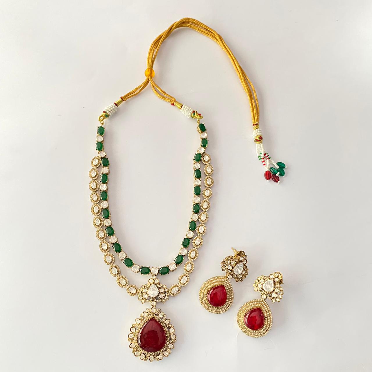 Antique Gold Double Line Kundan Ruby Necklace Set