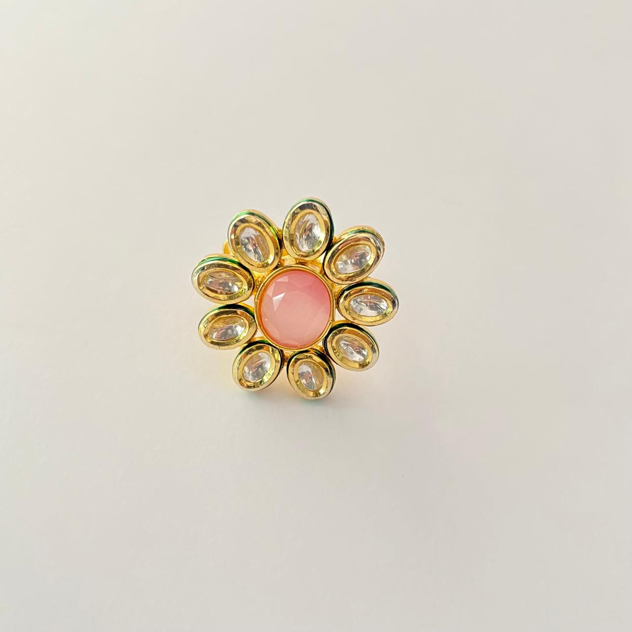 Light Pink Stone Kundan Floral Adjustable Ring