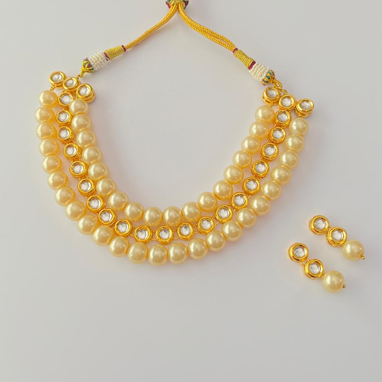 Off White Pearl Golden Kundan Double Line Choker Necklace Set