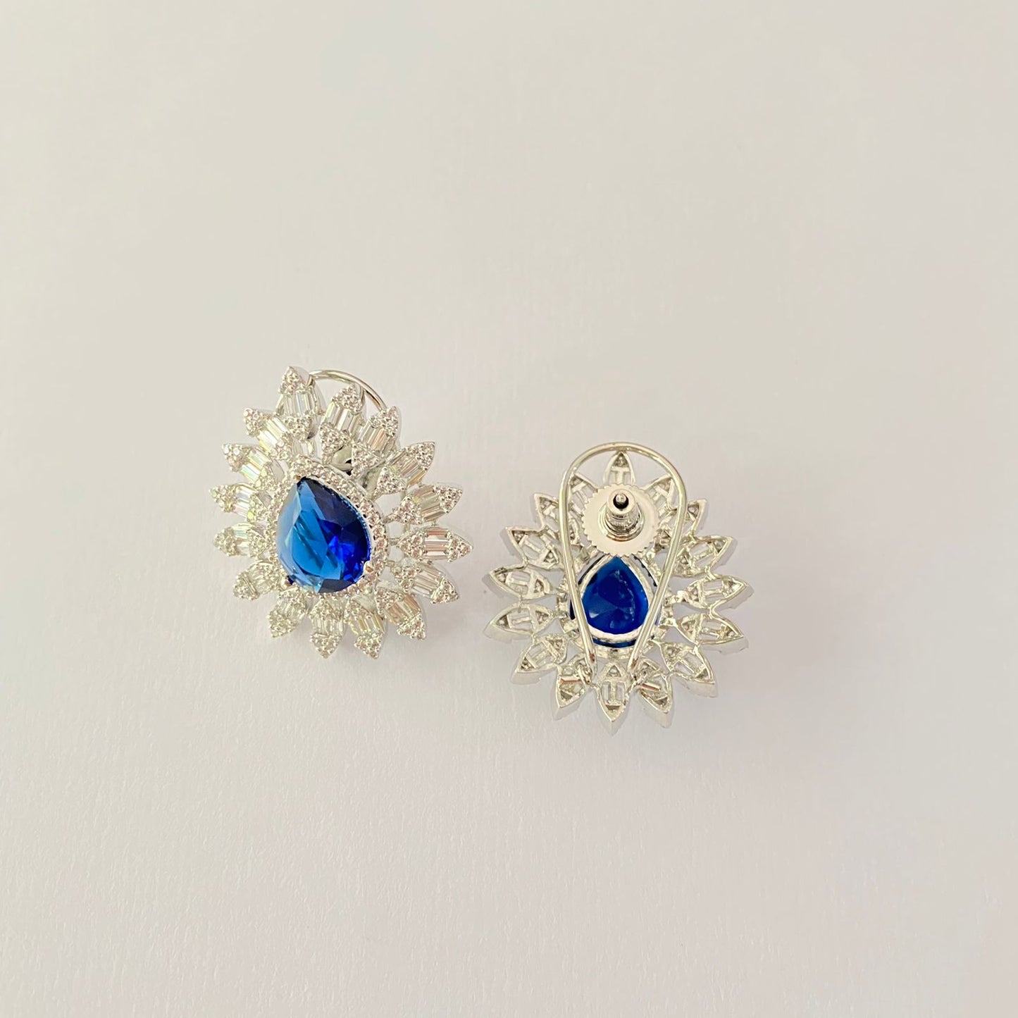 Dark Blue Stone A.D Silver Plated Back Clip Stud Earring