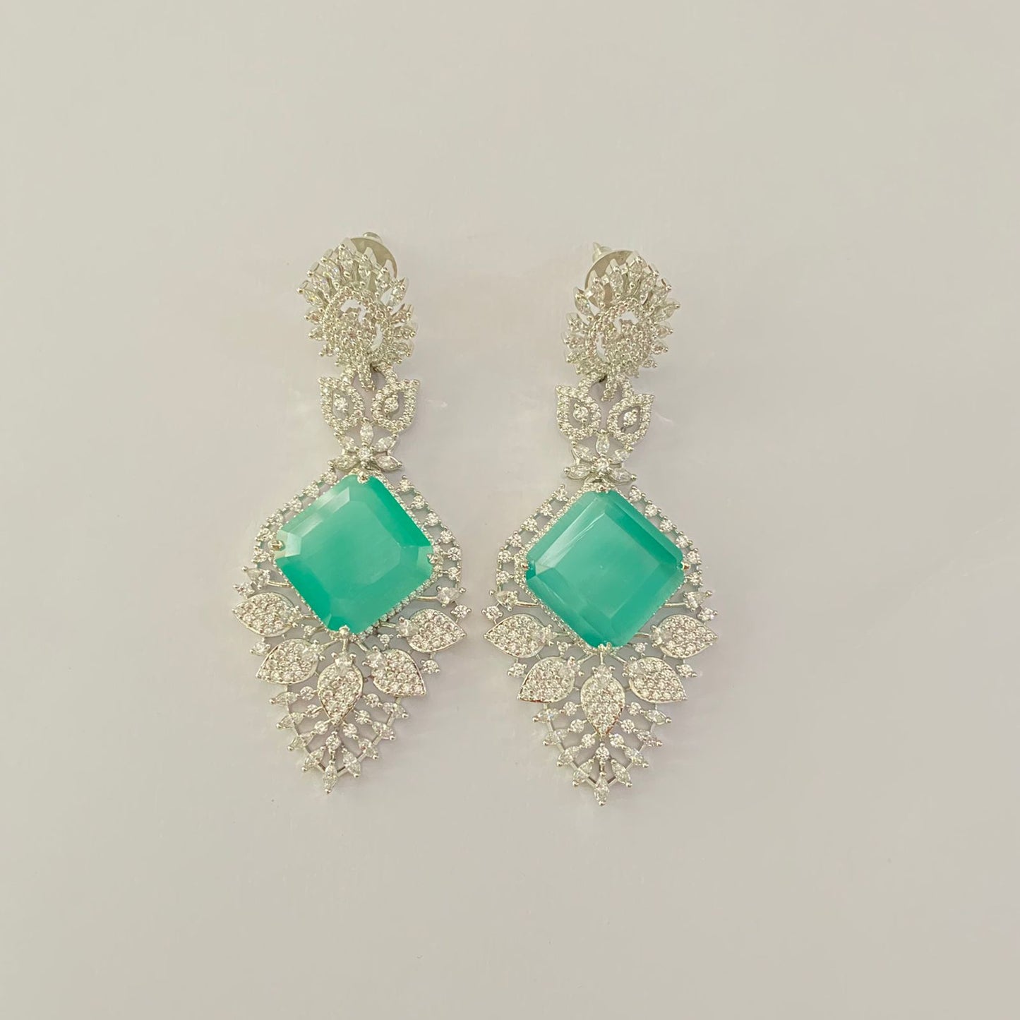 Aqua Stone Silver Plated A.D Dangler Earring