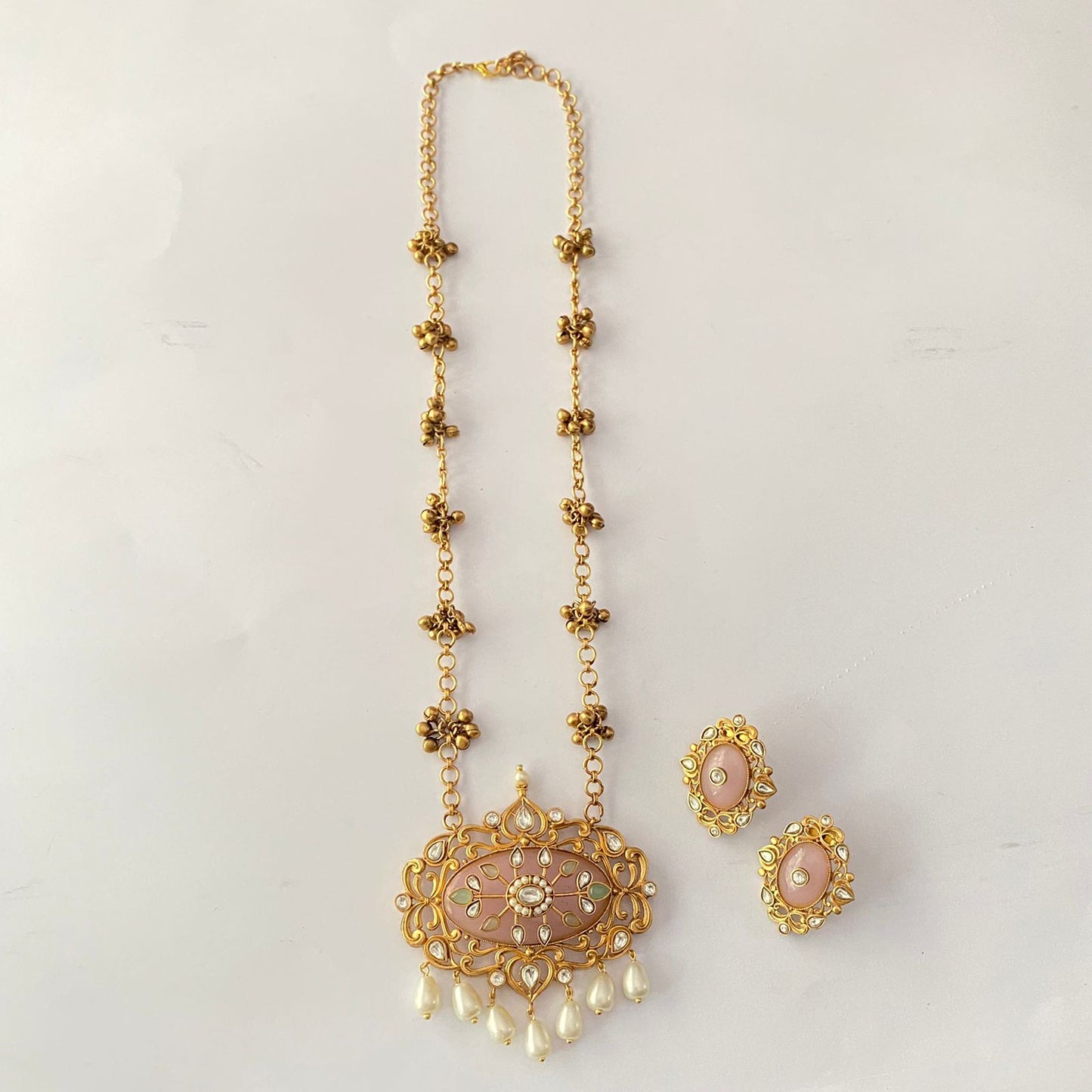 Rose Quartz Gold Plated Polki Necklace Set