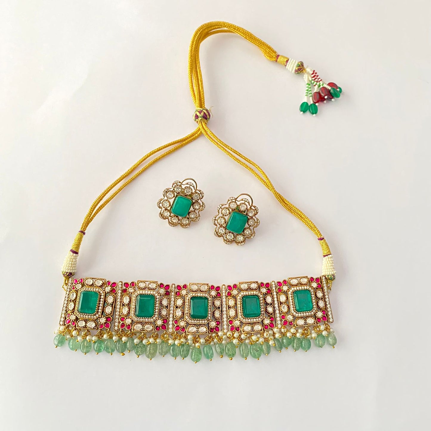 Gold Plated Moissanite Ruby& Green Choker Set