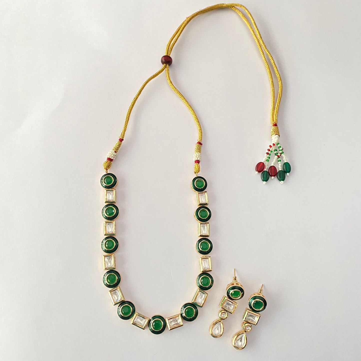Single Line Kundan Green Necklace Set