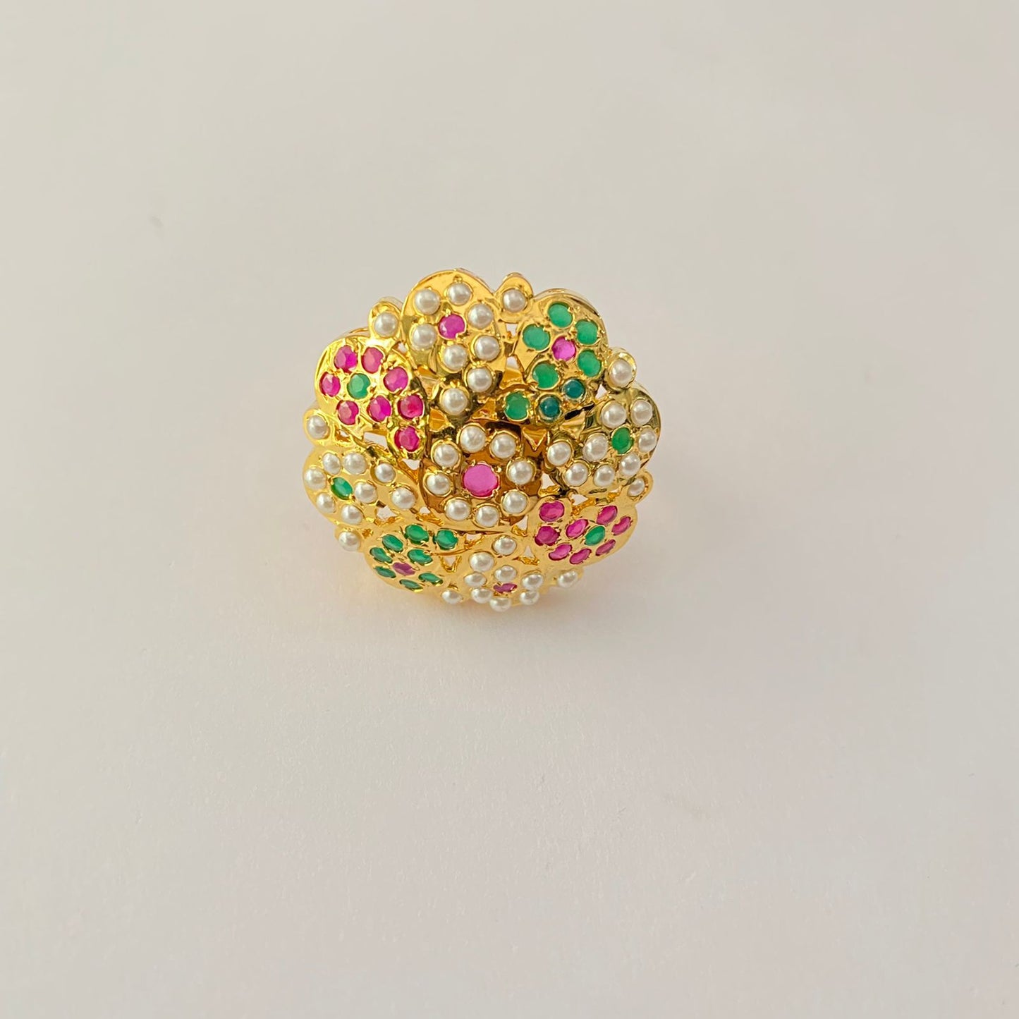 Multi Stone Floral Gold Plated Jadau Adjustable Ring