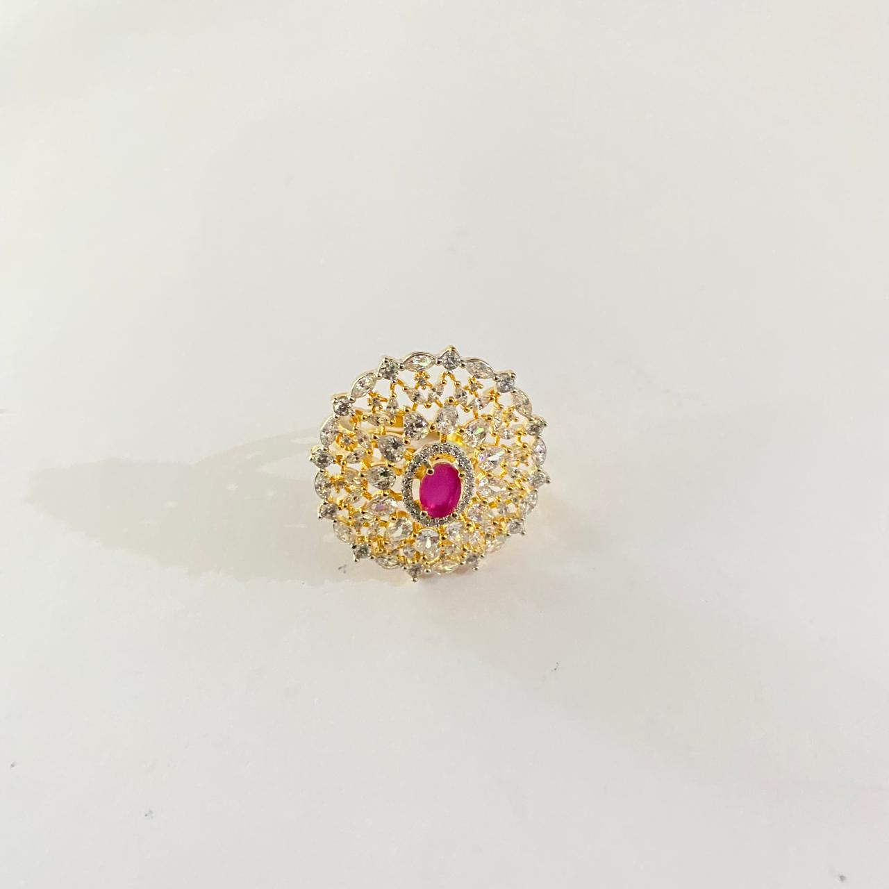 Diamond Gold plated pink stone party wear Ring