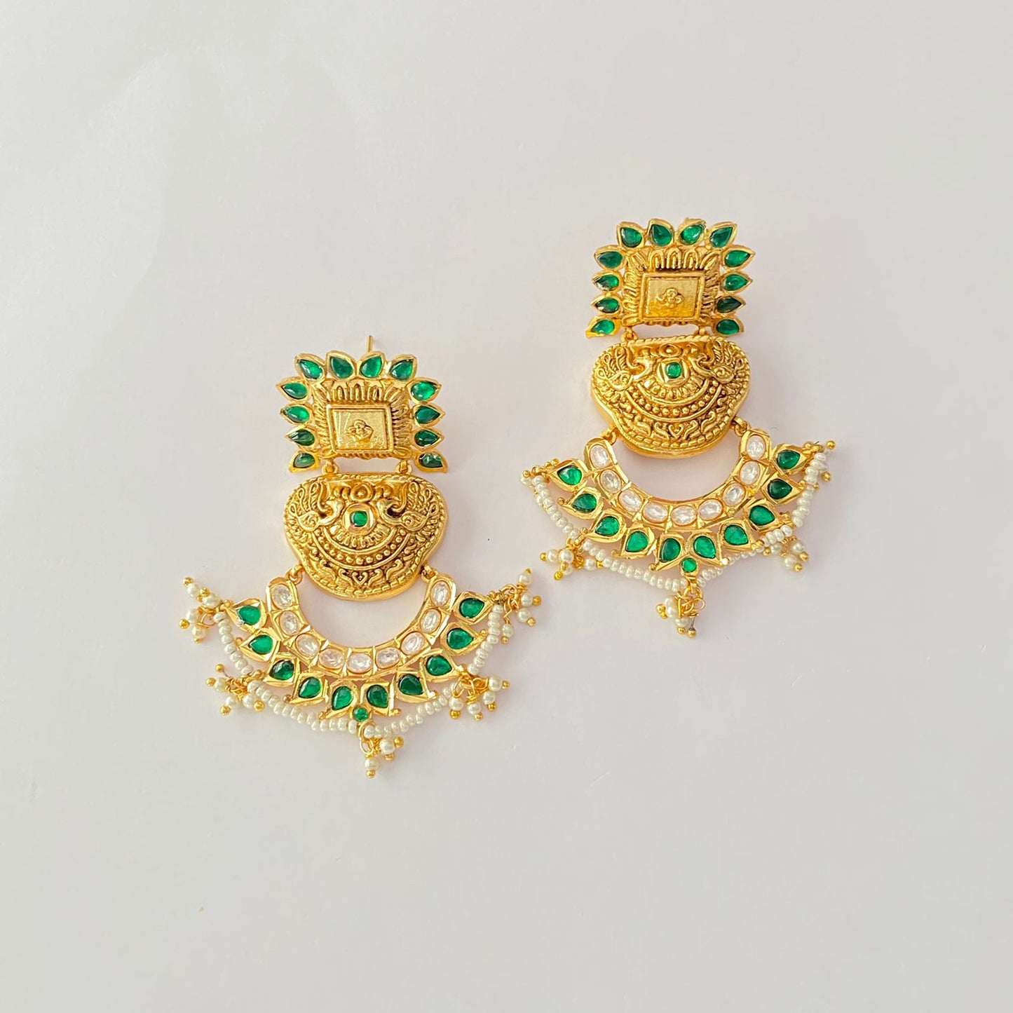 Ethnic Gold Plated Green Stone Dangler Earring