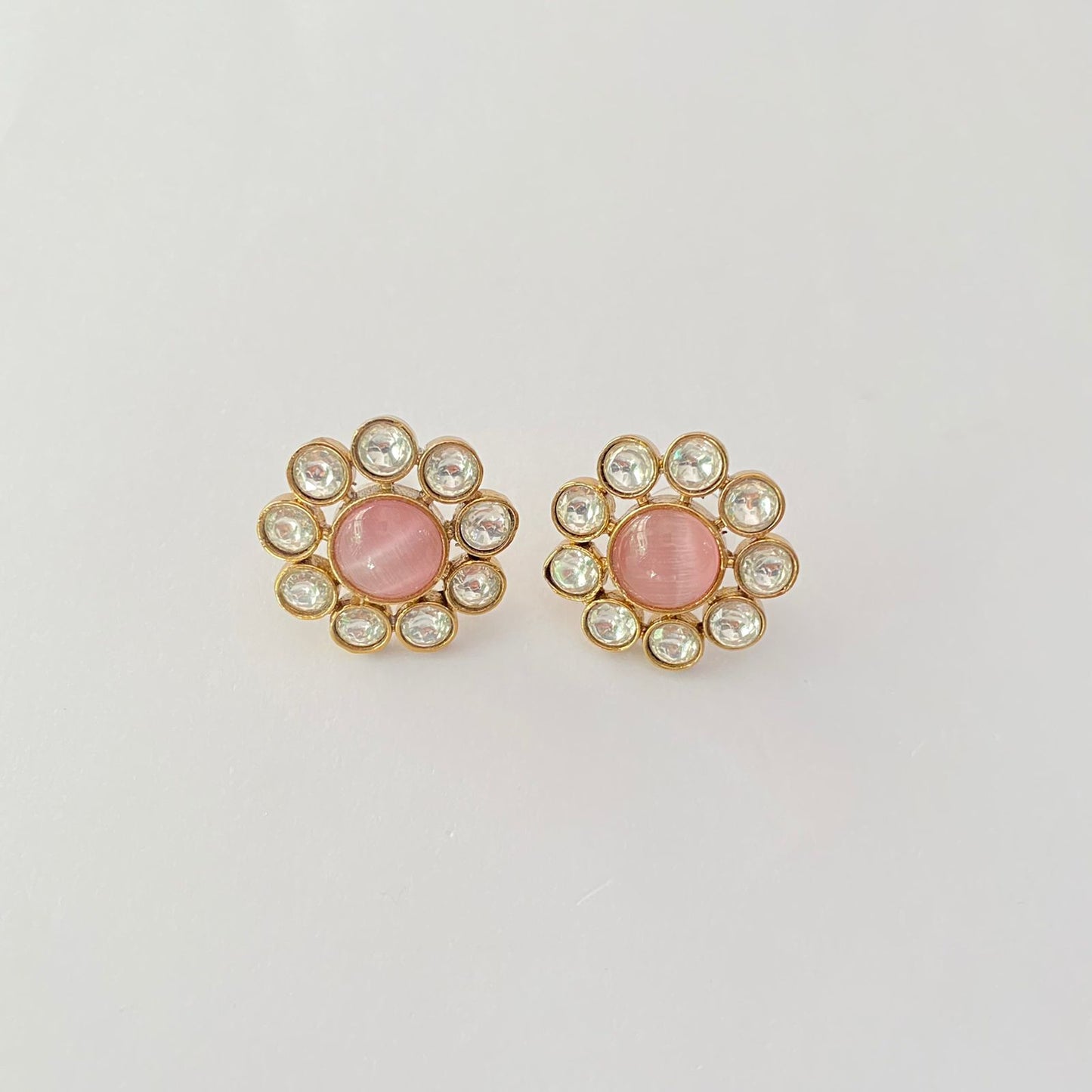 Pink Stone Antique Gold Plated Floral Stud Earring