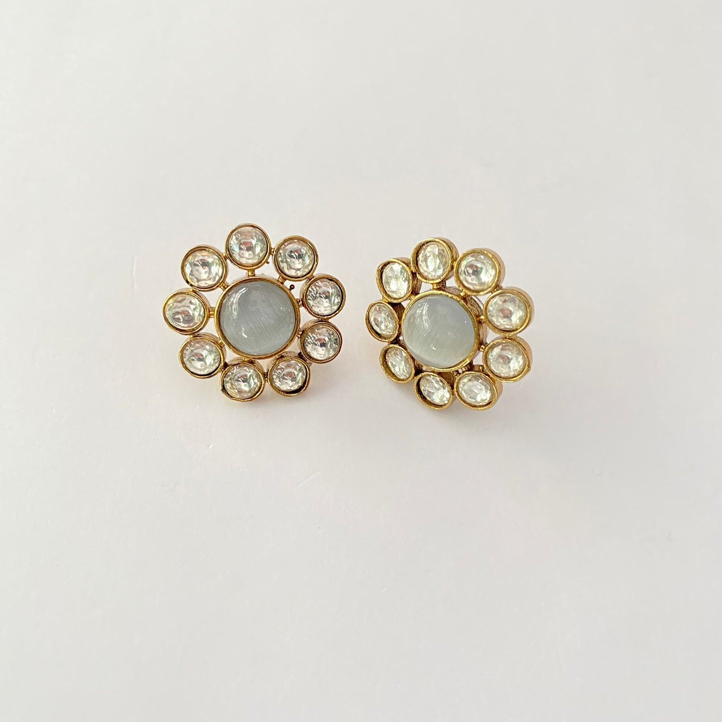 Grey Stone Floral Antique Gold Plated Stud Earring