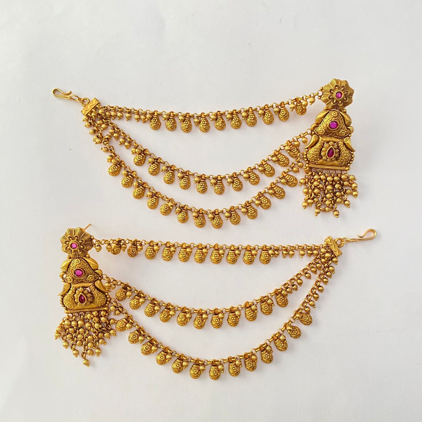 Ethnic Ruby Stone Antique Gold Plated 3 layer Dangler Earring
