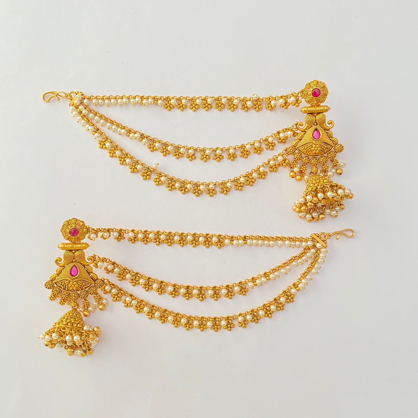 Ethnic Ruby Stone Antique Gold plated With pearl 3 layer Kaan chain Dangler Earring