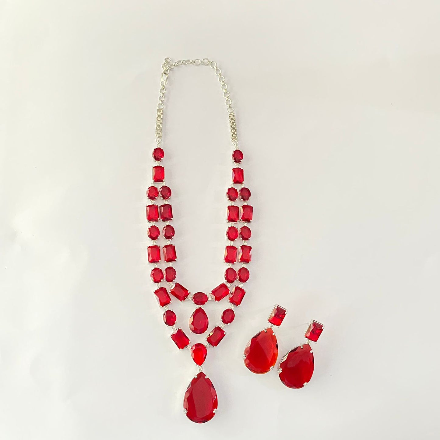 Ruby Stone Double Line Silver Plated Necklace Set