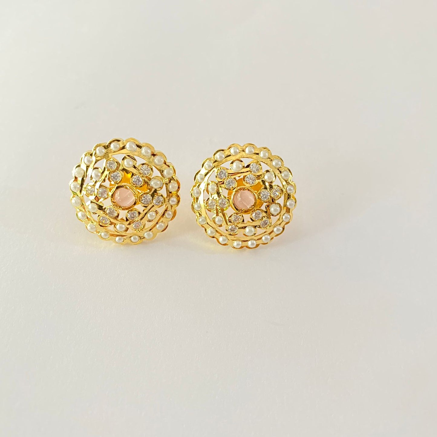 Jadau Gold Plated Round Pink Stone With Pearl Stud Earring