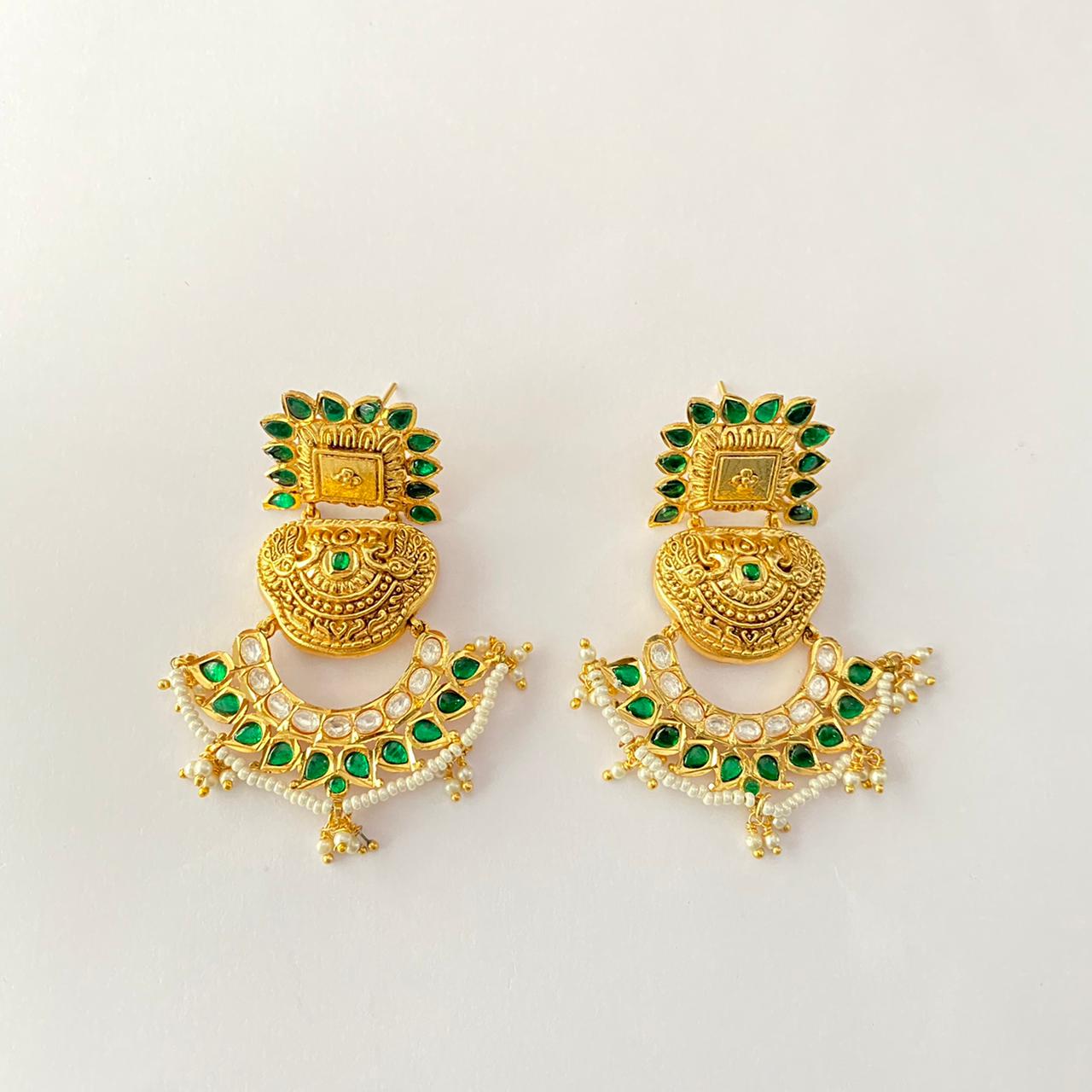 Ethnic Gold Plated Green Stone Dangler Earring