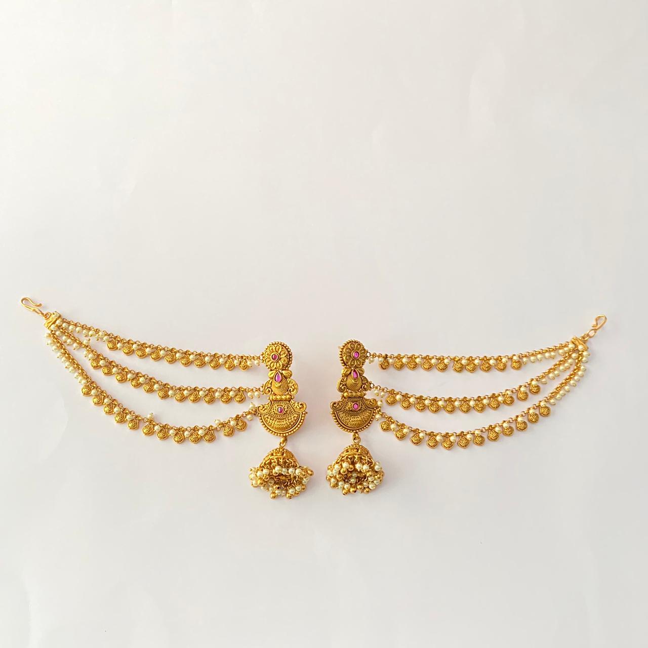 Antique Gold Ethnic Ruby Kaan Chain Jhumka
