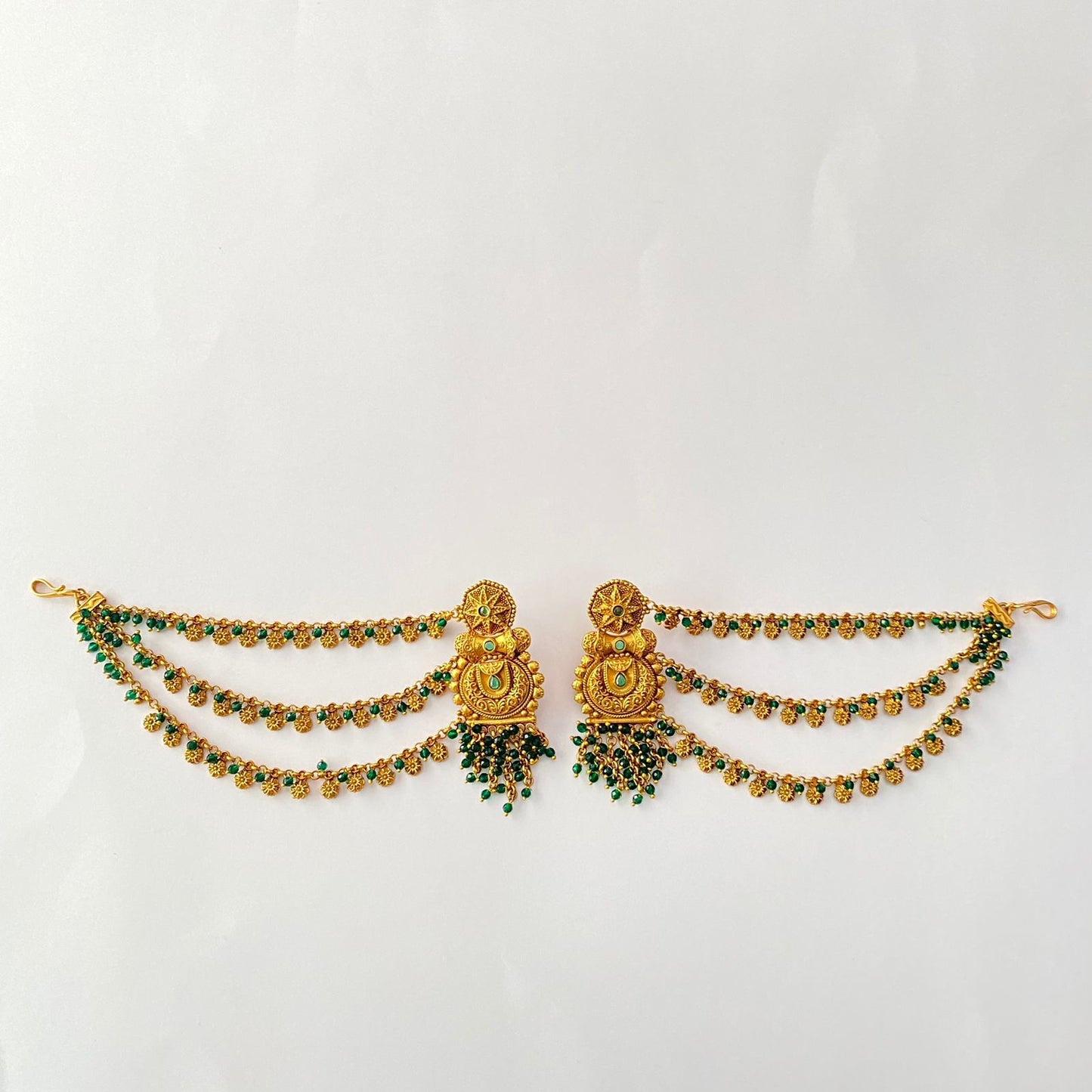 Traditional Green Beads Antique Gold Kaan Chain Earring