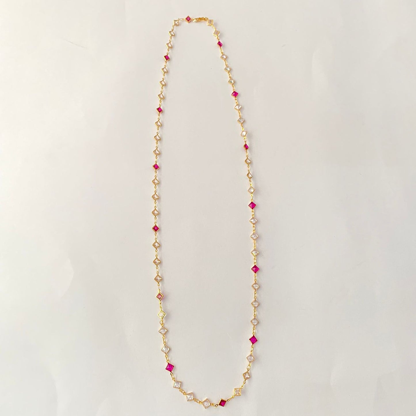 Gold Plated Long Ruby & White Stone Triangle shape Chain